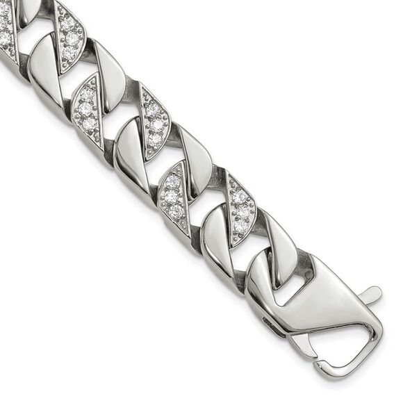 Men's 13mm Stainless Steel & CZ Curb Chain Bracelet 8.5 Inch